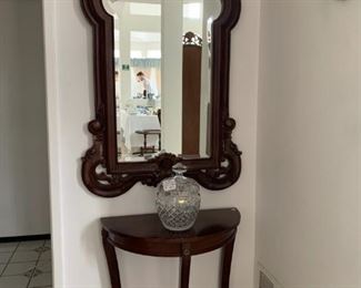 Beautiful Carved Mahogany Beveled Mirror with Floral Motif (purchased at auction); Mahogany Three-Legged End Table; Lead Crystal Piece.