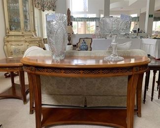 American Brilliant Cut Glass Vase and Compote on Rosewood Sofaback Table with Etched Motif