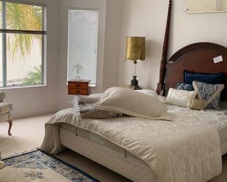 Beautiful Queen-Sized Mahogany Detached Headboard; Sleep Number 3000 Mattress and Box Spring with Remote Control, Adjustable Head and Foot Positions and Firmness; Oriental Rug; and Thomasville End Tables