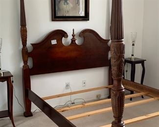 Queen Chippendale-Style Mahogany Four-Poster Bed; Hand-Carved with Ornate Posts. Also shown: Matching Dark-Wood Bedside Tables with Sleek Matching Crystal/Gold Lamps