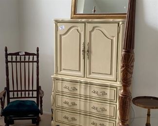 Thomasville Off-White/Ivory Armoire; Large Mirror with Gold Frame; Antique Velvet Rocking Chair and Table