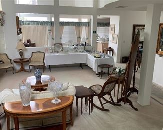 Overview of Living Room showing Mahogany Full-Length Mirror and Chairs (right); Rosewood Sofaback and Coffee Tables (foreground/center); French Provincial Upholstered Armchair Set (back left), and crystal/china (back right).