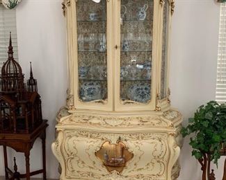 Silik China Cabinet with Elaborate Gold Trim and Hand-Painted Finish