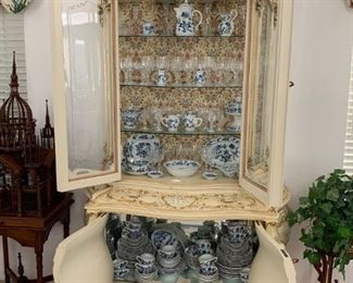 Silik Rococo/French Provincial Bombay China Cabinet with a Floral Tapestry Back (top cabinet) and mirrored backing and walls (bottom cabinet); retail $10,000. Imported Blue Danube China Accessories and Crystal also available; please note china in bottom cabinet, bird cage, and plant stand are no longer available.