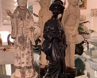 Mammoth Bone "Goddess" Statue (Quan Yin, left); Carved Chinese Emperor and Empress Statues (Right). Please note, the Geisha Girl is no longer available.