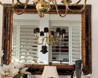 Ornate Beveled Wall Mirror in Antique Brown-Gold Frame: 48"x40".