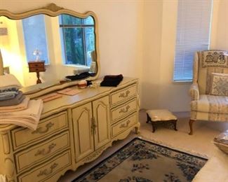 Thomasville Large Mirrored Dresser (Set including End Tables and Armoire-not pictured); Oriental Rug; and Wing Tip Upholstered Chair in Excellent Condition