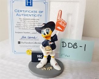 DDB-1 ($20) Donald Duck as a Bronco Fan "#1 Fan" measures 5" tall.  Comes with original styrofoam and COA.