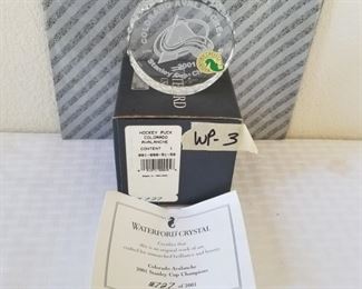 WP-3 ($60) Waterford crystal hockey puck for the 2001 Stanley Cup win (Avalanche).  Limited edition #727/2001.  Comes with box and paperwork. 
