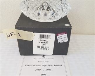 WF-1 ($75) Waterford crystal Limited Edition football, a tribute to the 1998 championship.  This is #1889/1998.  Measures 5" long.  Comes with original box and paperwork. 