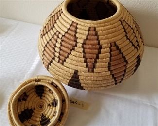 BASK-1 ($75) Round African basket with lid.  No flaws noted.  Heavy and substantial feel.  14" diam at widest, 12" tall.  