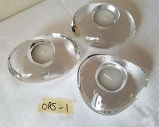 ORS-1 ($40) Set of three Orrefors Sweden crystal votive candle holders.  Each is a different shape & solid.  Each is about 5"long.   