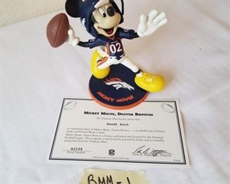 BMM-1 ($40) Mickey Mouse as a Denver Bronco by the Danbury Mint.  Comes with COA.   About 4" tall.
