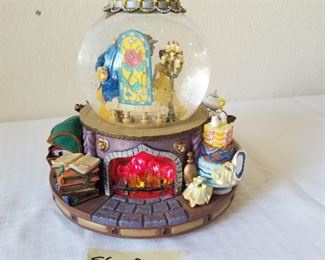SG-9 ($60) Beauty and the Beast Snow globe/music box .  Working fireplace in the back (batteries) Plays the theme song.  Measures 8.5" tall x 8" diam.  Great condition!