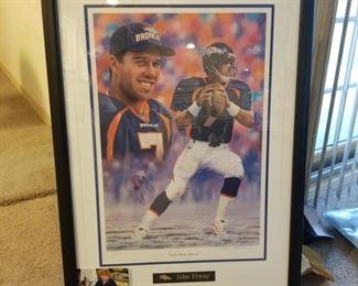 SB-1 ($150) "The Final Drive" 1997  John Elway signed this limited edition art piece done by Andy Goralski.  LE #247/507. Includes the COA plus a photo of John signing it.  Comes framed and measures 26.5" x 37.5". 