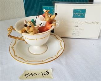 DISN-103 ($45) Disney and Royal Doulton make this cute "Tea for Two" cup and saucer with Gus and Jaq from Cinderella.   Comes with the original cup box and COA.