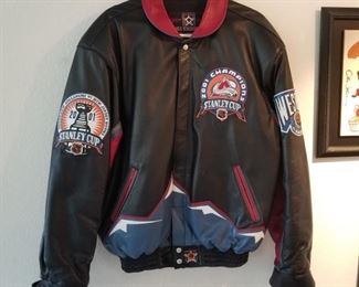 AV-8 ($100) Real leather Avalanche jacket for the 2001 Stanley Cup win.   By JH Design.  Size XL.  Shows some wear at back of neckline and front.  Overall very good condition.
