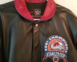 AV-8 ($100) Real leather Avalanche jacket for the 2001 Stanley Cup win.   By JH Design.  Size XL.  Shows some wear at back of neckline and front.  Overall very good condition.