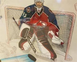AVB-6 ($100) Patrick Roy Cel by Artist David Martinez. Drawings plus another layer in color.  Signed by both the artist and Patrick (see photo of him signing).  Comes with COA.  The art piece has been named "Roy Persona" and is a limited edition of 23/250.  Comes framed. Measures 19.5" x 16.5"