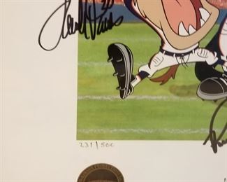 DC-7 ($100) Looney Tunes Cel with Denver Broncos for Superbowl XXXIII (Denver/Atlanta) Limited edition of 500.   Signed by many players including Terrell Davis (pic of him signing on back).  Comes framed and with COA.  Measures 27.5" x 24.5"h.