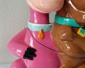 KIT-2 ($35) A Rare find!  Big cookie jar from Warner Bros. "The 3 Pets" staring Scooby, Dino and Astro!  Measures 12"w x 13.5"h.  Dino shows wear, some chips on his back and tail, and his collar is peeling.  Astro and Scooby are in great condition!