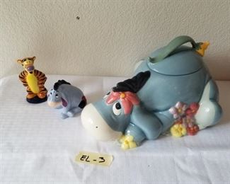 EL-3 ($25) Set of Eeyore cookie jar and salt and pepper shaker of Eeyore and Tigger.  All in good condition (no chips) 