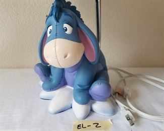 EL-2 ($40) Eeyore resin lamp with light purple shade.  Very cute!  Total height is 18", Eeyore alone is 9"h.