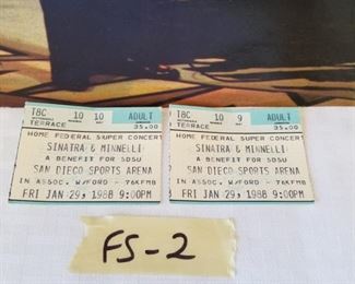 FS-2 ($25)  Frank Sinatra tour program from 1982.  10" x 14" with 28 pages of pictures and info.  Also includes 2 ticket stubs from a concert with Liza Minnelli in San Diego in 1988.