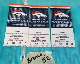 BRONCO-52 ($15) Three ticket stubs for the 1998 NFL AFC game against the Dolphins.