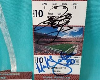 BRONCO-49 ($60) Four ticket stubs from the final game played at Mile High stadium on 12/23/2000.  One signed by John Elway, Mark Jackson and (Bill Owens?) on the back.