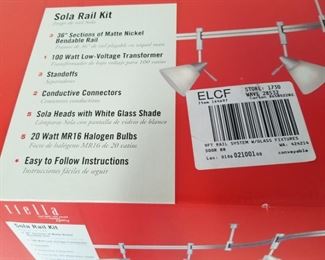 LIT-02 ($100) TECH Lighting Tiella Sola Rail Kit in brushed nickle.  Bendable track lighting with glass lights.   100 watt Low voltage transformer, sola heads with white glass shades.  20 watt MR16 halogen bulbs.  New in box!