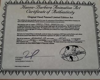 ART-9 ($400) Flintstones "Fred's Photo Opportunity" Signed By Hanna And Barbera ARTIST'S PROOF 29/30 (only 30 ever made)!  serigraph Cel signed and comes with COA.  29/30.  Comes matted and framed with plexiglass.  Measures 19.5" x 17" framed.