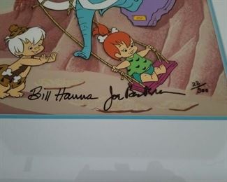 ART-8 ($200) Flintstones "Swing Set" Signed Hanna And Barbera Limited Edition 22/300 With COA.  features Pebbles and Bam Bam!  Limited edition serigraph cel.  Comes matted and framed in plexiglass. Measures 19.5" x 17" framed.