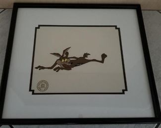 ART-6 ($300) Wile E. Coyote LE Cel Signed By Chuck Jones With COA.  Comes matted and framed with plexiglass.  Measures 18.5" x 16.5" framed. 