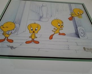 Art-3 ($400)  "Tweetie's Great Escape" LE Serograph #303/500 W/COA Signed By Virgil Ross Warner Brothers.  Limited edition Cel #303/500.  Comes matted and framed, measures 24" x 19.5" framed.