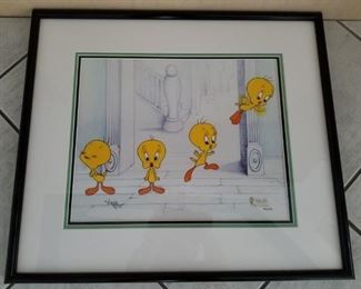 Art-3 ($400)  "Tweetie's Great Escape" LE Serograph #303/500 W/COA Signed By Virgil Ross Warner Brothers.  Limited edition Cel #303/500.  Comes matted and framed, measures 24" x 19.5" framed.