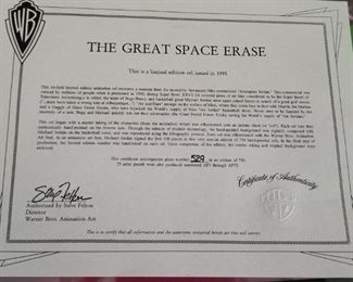 ART-1 ($400)  THE GREAT SPACE ERASE W/ Bugs Bunny And Michael Jordan ~ LE 529/750.  SeriCel comes with COA.    Cel is 17" x 14".   In a well cared for collector's home.   Comes framed with Plexiglass.  