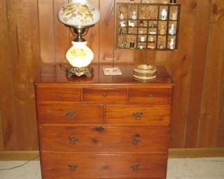 Small chest, hurricane lamp, miscellaneous