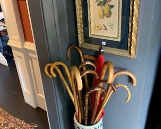 A rake of canes and one of a pair of vintage French fruit drawings