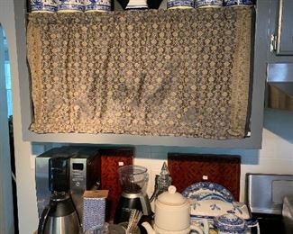 A collection of blue and white pieces for use in the coffee area including an Italian Spode coffee pot