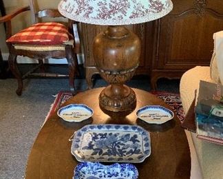 Vintage wood lamp with French toile shade and several pieces of blue and white including one piece of Italian Spode