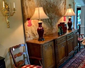 French sideboard 92” x 22” x 40” high and a French Aubusson carpet 8’ square