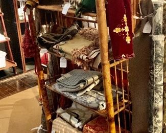 A wonderful collection of antique fabrics, trims and hides!!! This shelf is magic, come with a creative mind and find pieces to create with!!