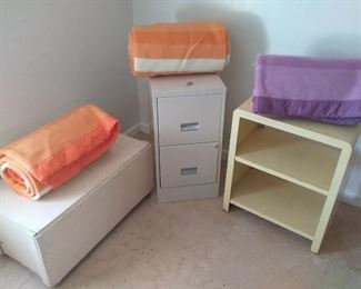 File Cabinet, Wood Chest, Metal Shelf  3 Retro Blankets
