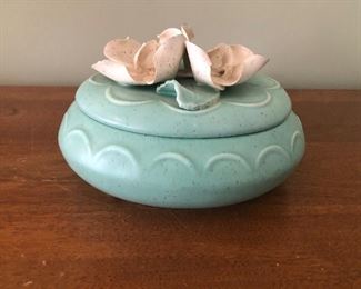 $20 California Pottery covered bowl. Measures: 8 x 6 1/2