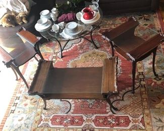 $250 Carved Mahogany 2 End Tables & Coffee Tables.  Measures: Side Table 22 x 19 1/2 x 27H Coffee Table 39 x 20 x17 slightly faded