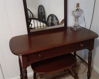 Vanity table with drawers, stool, & mirror, converted oil lamp