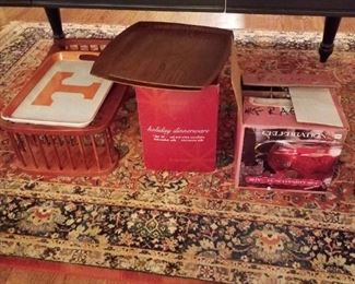 Punch bowl & punch cups (boxed), wooden breakfast in bed tray, wood serving trays, detail of dining room rug