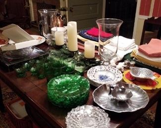 Green glass salad/dessert plates & glassware, Wilton Armetale pewter serveware 