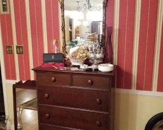 Mahogany high-boy chest with mirror (on the floor to the left), vintage filigree gold Chippendale mirror, antique condiment set, steak knife set, bone china bowl